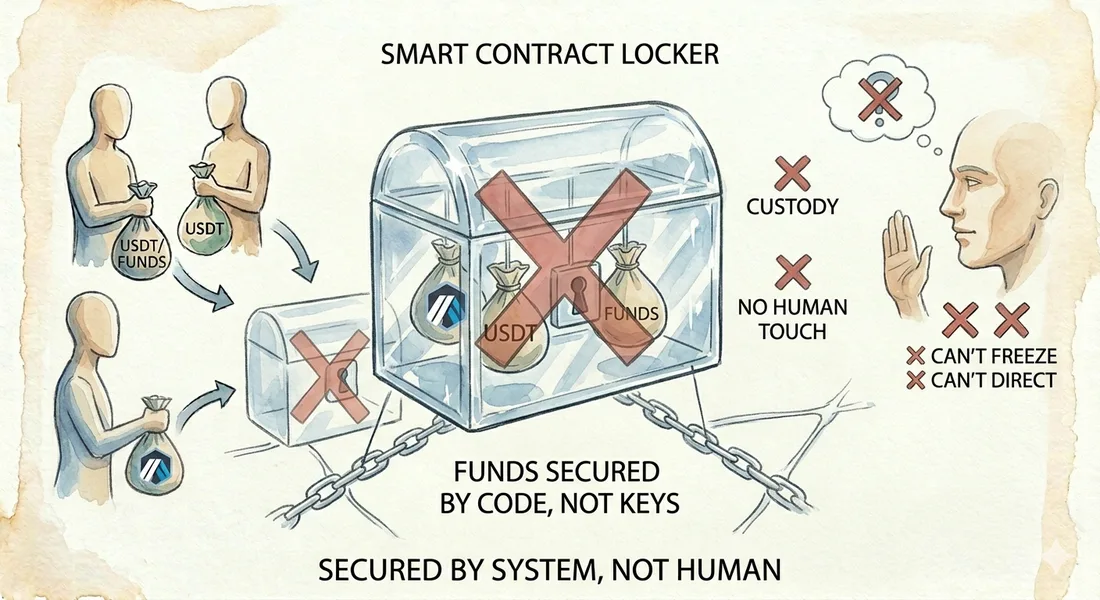 Both sides' funds locked in a transparent smart-contract locker — no custody, no human touch, can't freeze, can't redirect